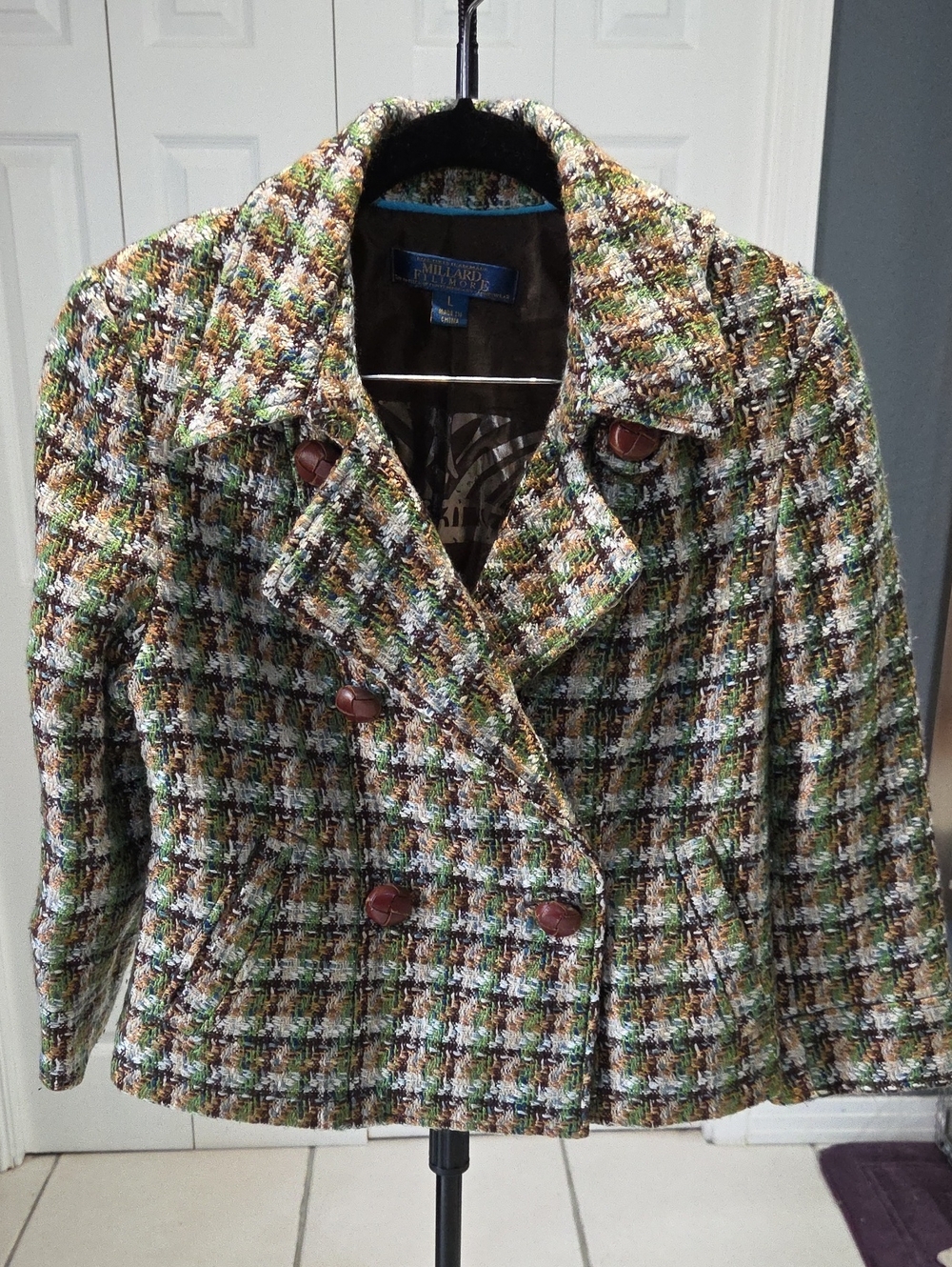 Sz L - Millard Fillmore Multicolor Tweed Cropped Peacoat Jacket